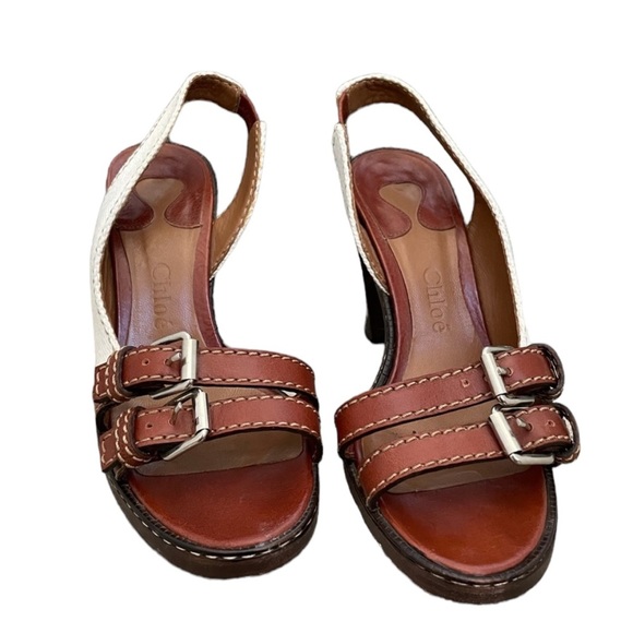 Chloé Brown Leather and White Canvas Stacked 4”Heels - Picture 6 of 7